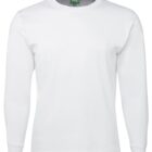 A plain white long-sleeve t-shirt displayed against a white background. The shirt features a crew neck and ribbed cuffs.