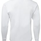 Back view of a plain, long-sleeve white shirt. The garment features a simple and clean design, with no visible patterns or logos, and is set against a white background.
