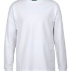 A plain white long-sleeve T-shirt with a round neckline, displayed against a white background. Theres a small tag labeled colours inside the collar.