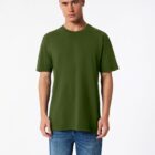 A person wearing a plain green T-shirt and blue jeans stands against a plain white background.