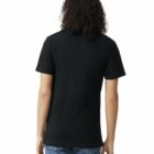 Person with curly hair wearing a plain black T-shirt and blue jeans, facing away from the camera against a white background.
