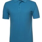 Blue polo shirt with a collar and buttons, displayed on a white background.