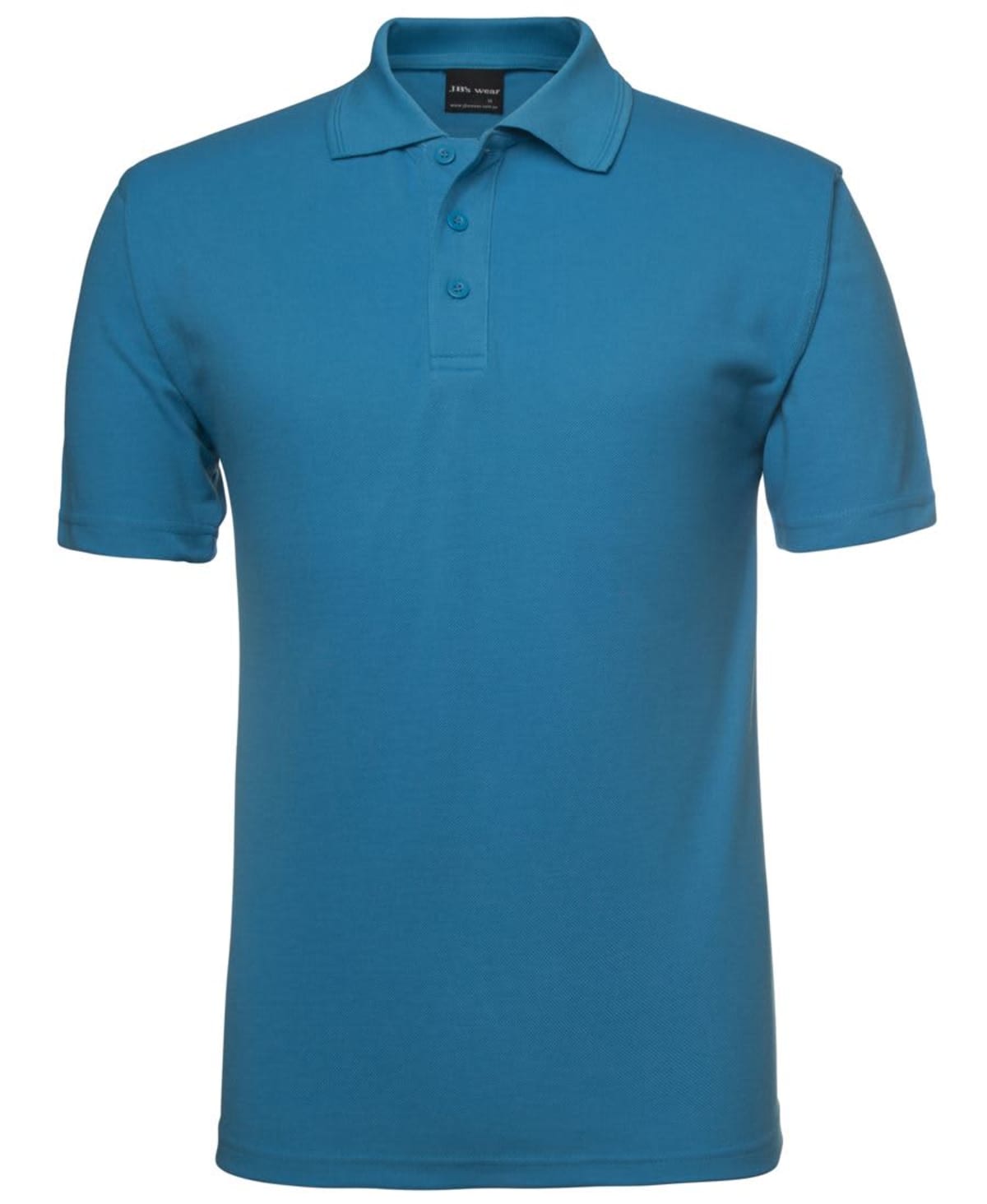 Blue polo shirt with a collar and buttons, displayed on a white background.