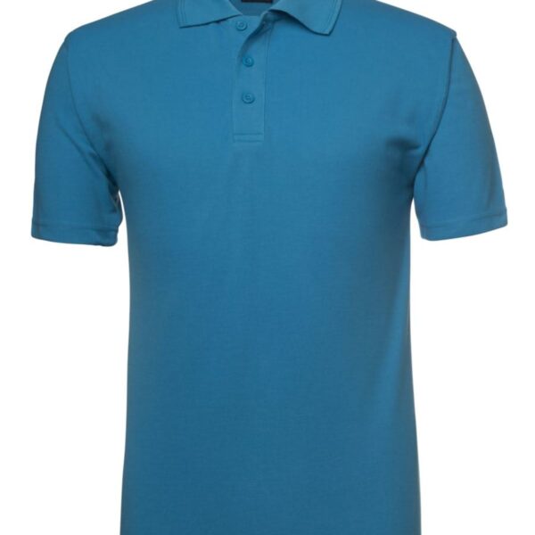 Blue polo shirt with a collar and three-button placket, displayed against a white background.