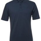 Dark blue polo shirt with a collar and short sleeves.