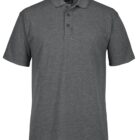Dark gray polo shirt with short sleeves and a three-button collar.