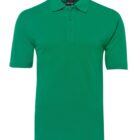 Green polo shirt with short sleeves and a collar on a white background.