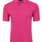 Bright pink polo shirt with a collar and short sleeves against a white background.