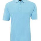 Light blue polo shirt with short sleeves and collar, buttoned placket on the front.
