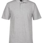 Gray polo shirt with short sleeves and a three-button collar.