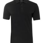 Black polo shirt with short sleeves and a button-up collar.