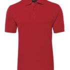 Red polo shirt with a collar and short sleeves, on a white background.