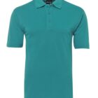 Teal short-sleeved polo shirt with a collar and three buttons.