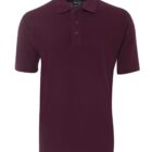 Maroon short-sleeve polo shirt with a collar and three-button placket.