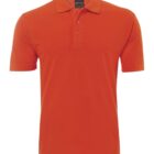 Orange polo shirt with a collar and button-up placket.