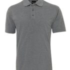 Gray short-sleeve polo shirt with a collar and button placket.