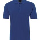 Blue polo shirt with short sleeves on a white background.
