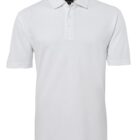 White polo shirt with a collar and three buttons, viewed from the front.