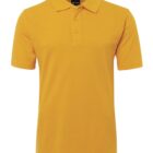 Yellow polo shirt with a collar and three-button placket, displayed on a white background.