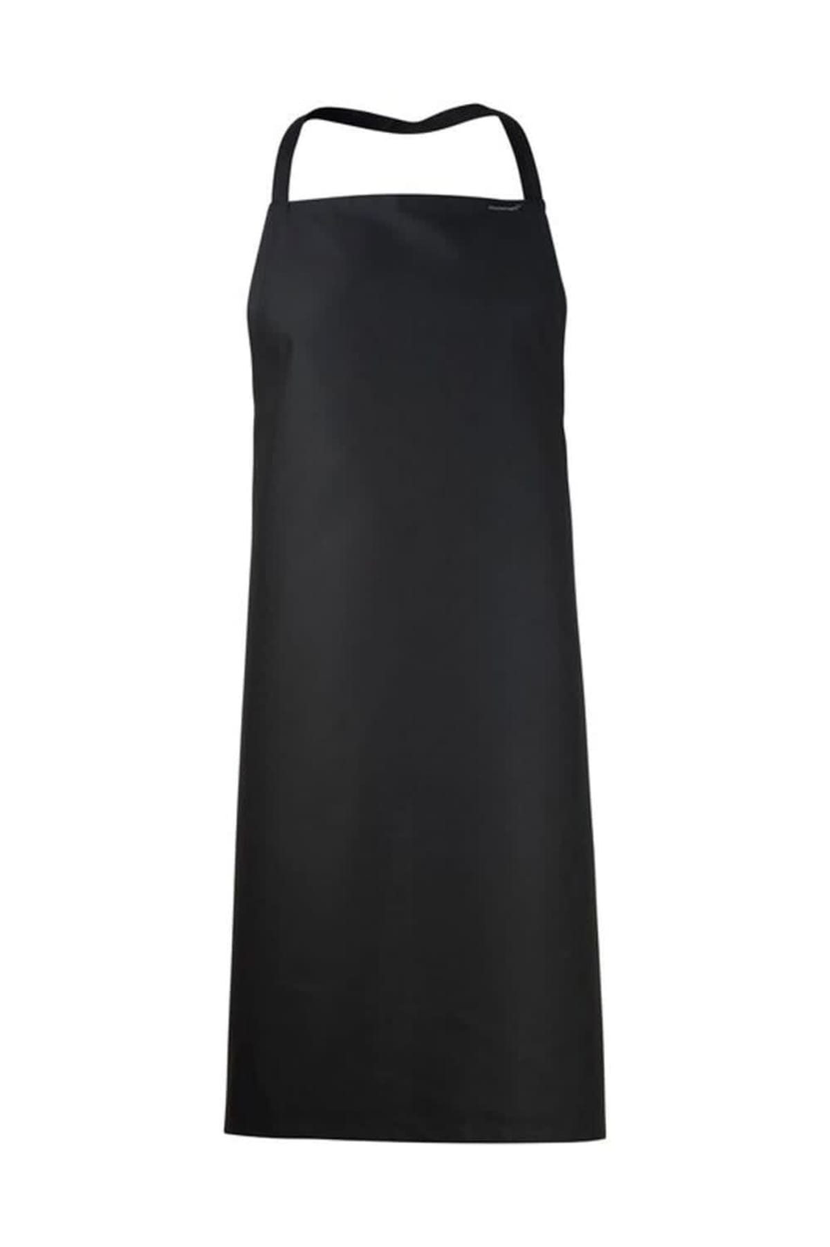 A plain black apron with a neck strap, displayed on a white background.