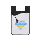 A black phone card holder with a white panel displaying the Delaware On Tap logo, featuring a silhouette of a beer tap handle and text promoting a related website.