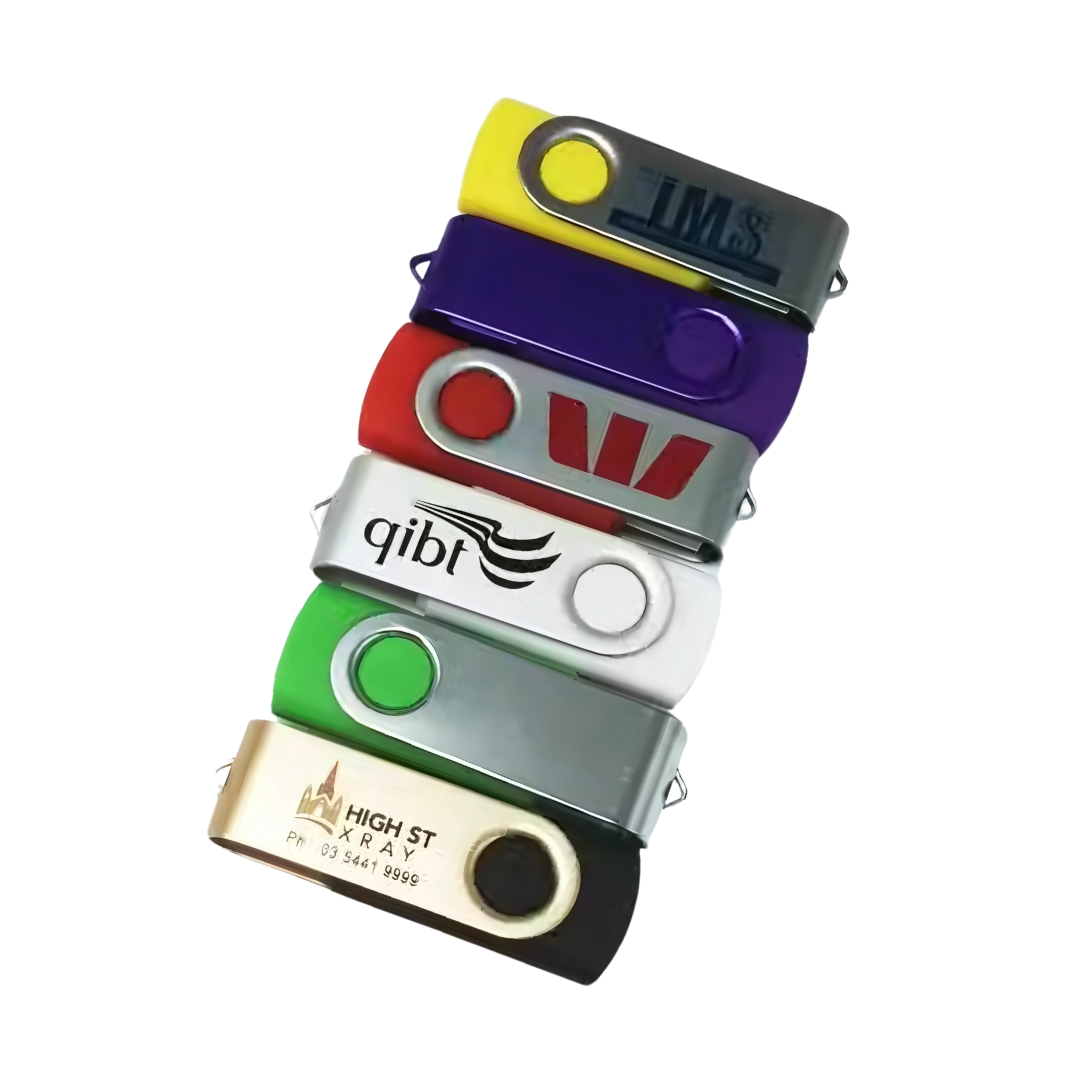 Stack of six 2GB Promotional USB Keys with colorful logos and designs.