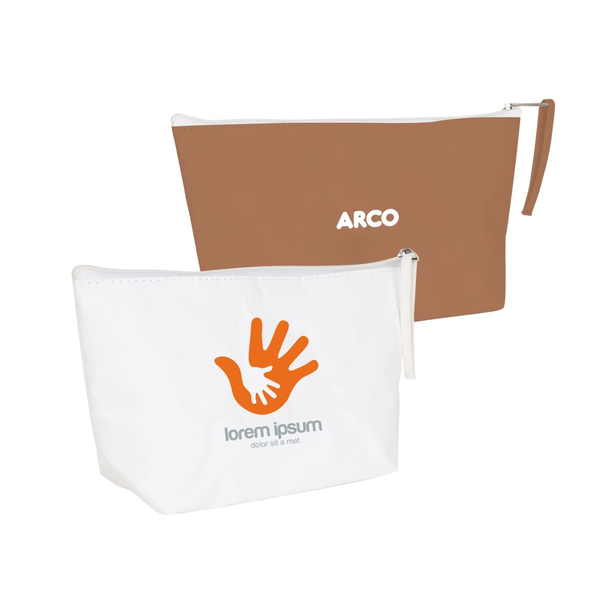 Two zippered pouches. The front one is white with an orange hand logo and lorem ipsum text. The back pouch is brown with ARCO written on it. Both have wrist straps and are displayed on a plain background.