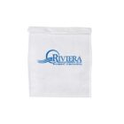 A white paper bag featuring a blue logo and text. The logo includes a stylized wave design and the words Riviera Holding d.d. Poreč Croatia in blue lettering.