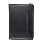 Black leather portfolio organizer with a zipper, shown closed and upright.