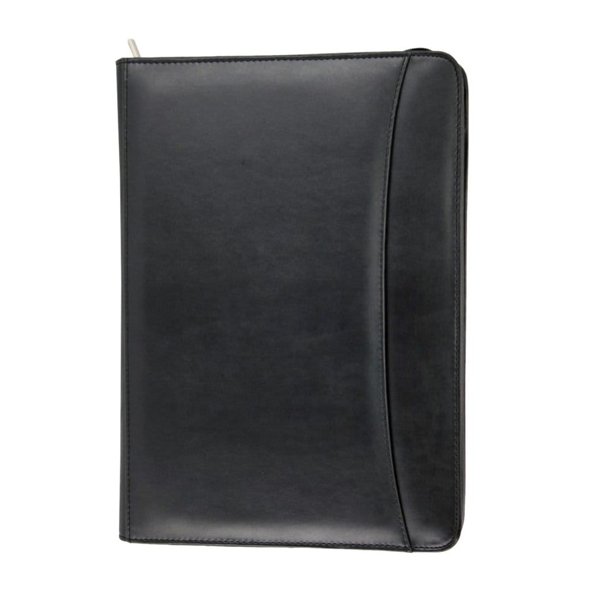 Black leather portfolio organizer with a zipper, shown closed and upright.
