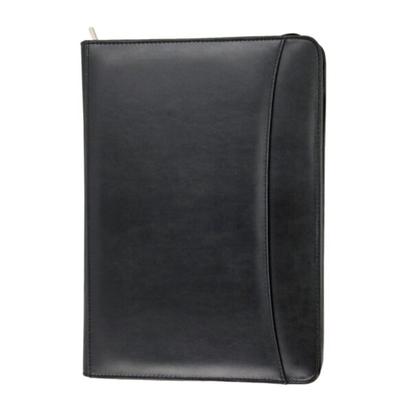 Black leather zippered portfolio organizer, closed view, on a white background.