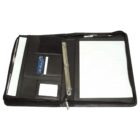 Open black leather portfolio with a notepad, pen, and pockets for documents and cards.