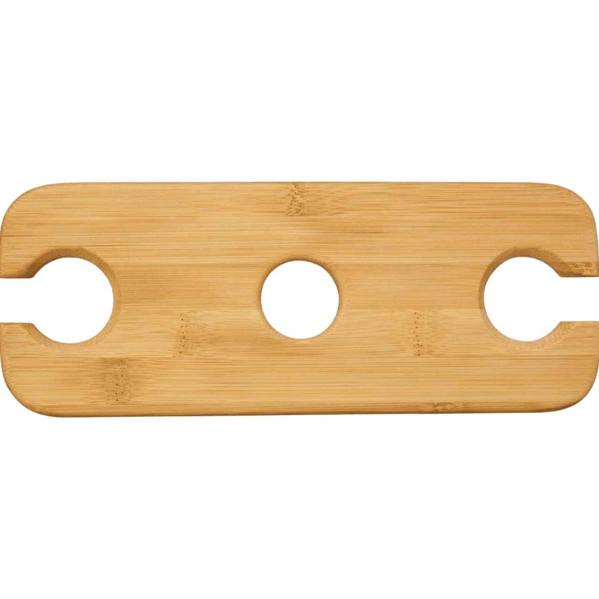 Wooden tray with three circular notches for holding items.