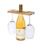 Wine bottle with a wooden holder and two hanging glasses.