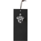 Wall-mounted metal bottle opener on a black rectangular board with a leather hanging loop.