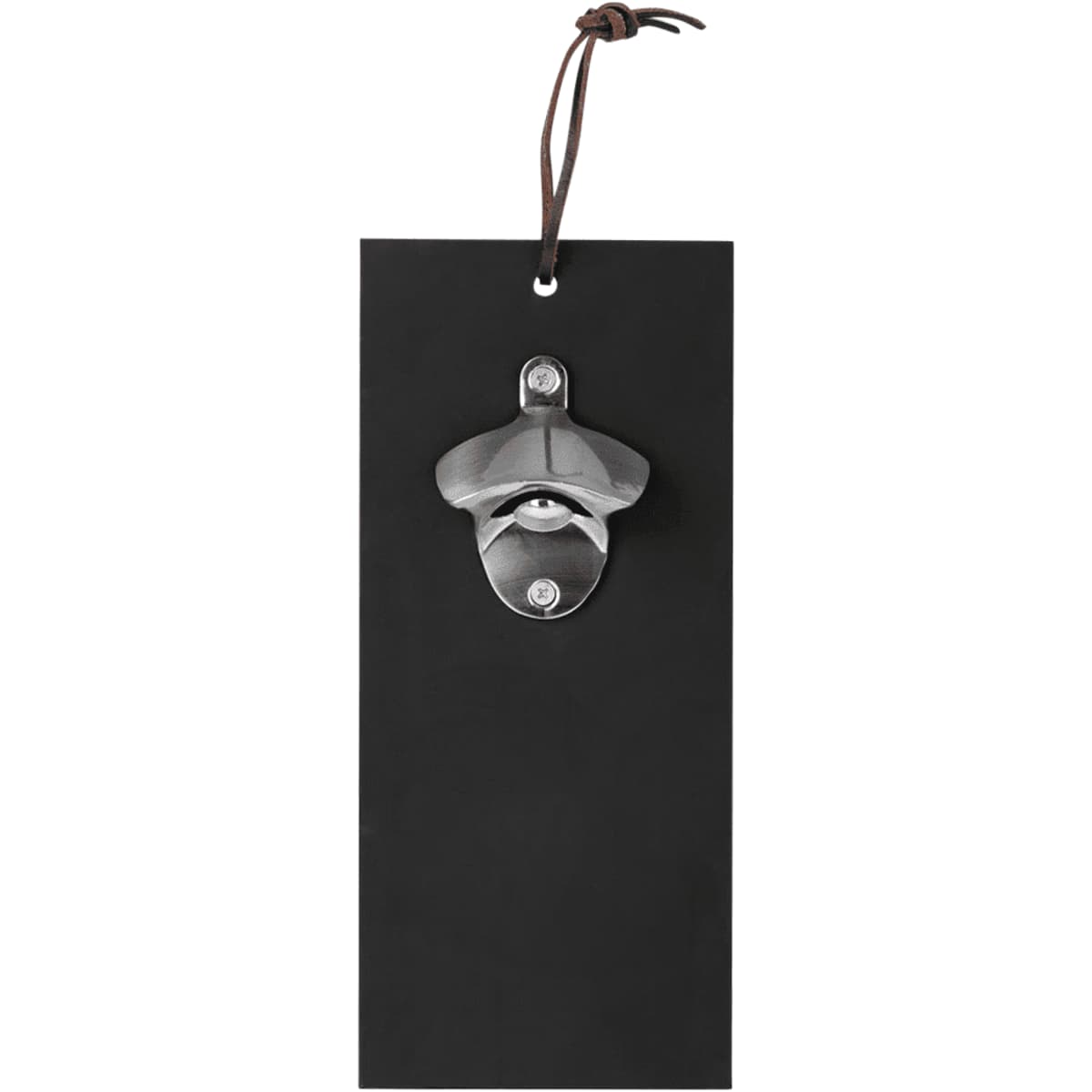 Wall-mounted metal bottle opener on a black rectangular board with a leather hanging loop.