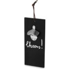 Wall-mounted bottle opener on a black plaque with cheers! written in white and a hanging cord.