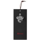 Wall-mounted bottle opener with a black rectangular backing and a brown leather hanging strap.