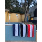 Three striped towels hang on a blue-tiled wall near a tree and yellow building outdoors.
