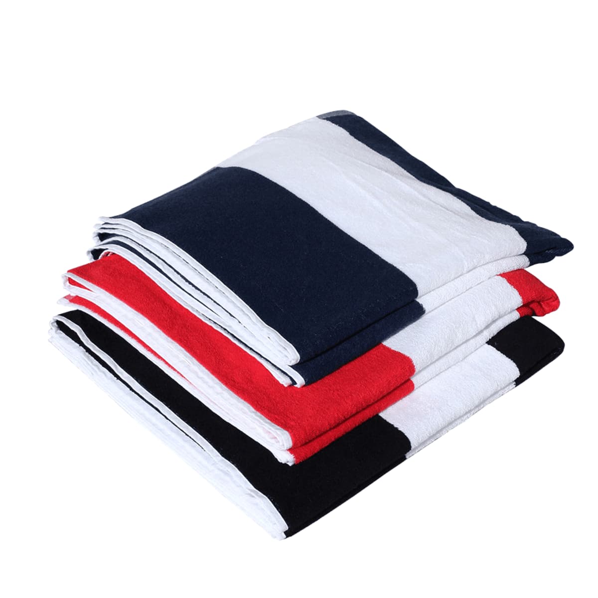 Three folded towels with wide navy, red, black, and white stripes stacked together.