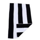 Black and white striped towel with one corner folded up on a white background.