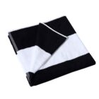 Folded towel with bold black and white horizontal stripes on a white background.