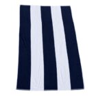 A rectangular towel with wide vertical navy blue and white stripes.