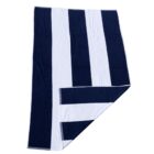 Navy blue and white striped towel with one corner folded over.