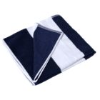 Folded towel with navy blue and white stripes on a white background.
