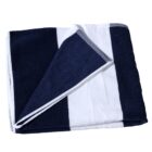Folded towel with navy blue and white stripes on a white background.