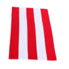 A towel with alternating vertical red and white stripes on a white background.
