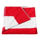 A folded towel with red and white horizontal stripes on a white background.