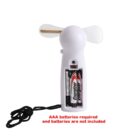 White handheld fan with open battery compartment, showing two AAA batteries. Text: No batteries included.