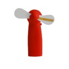 Red handheld fan with two white plastic blades.